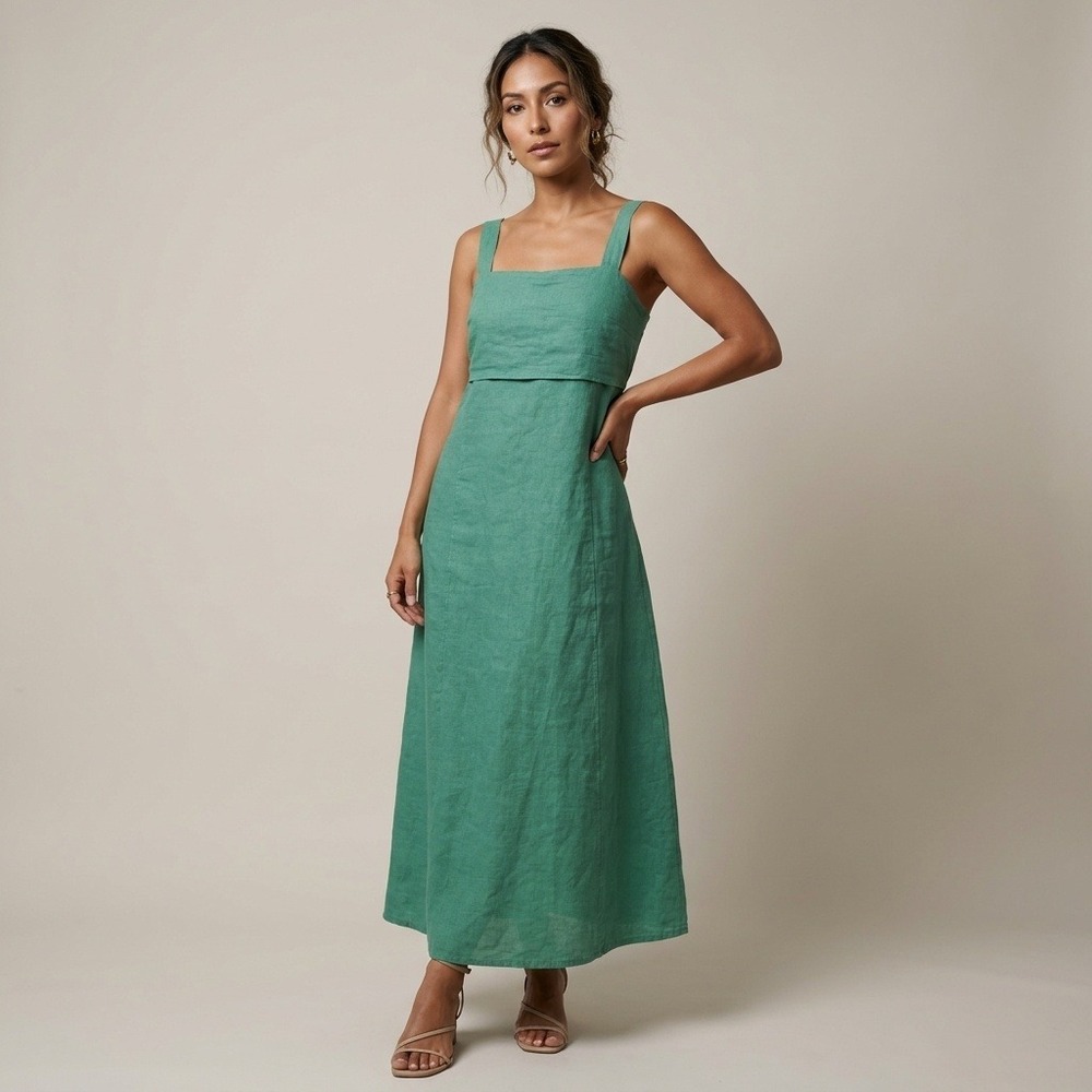 Filosofia Green 100% Linen Sleeveless Back Tie Maxi Dress Womens XS Made in USA
